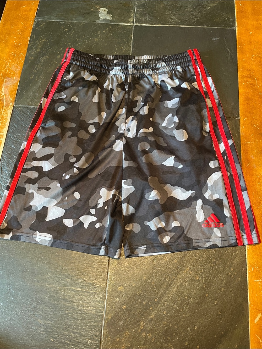 adidas Black & Gray Camo Shorts with Red Stripes